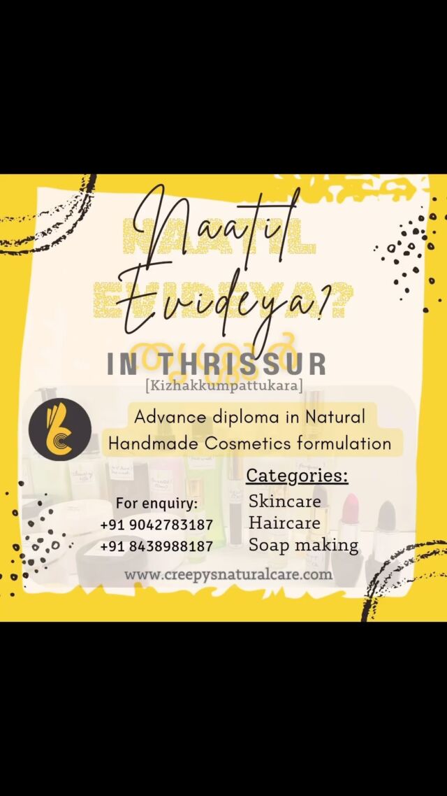 Are you ready to join our cosmetics formulation course at Thrissur, Kerala.

For enquiry WhatsApp at 9042783187
Visit our website: www.creepysnaturalcare.com

#kerala #thrissur #soapkerala #keralacosmetics #cochincosmeticshop #cochincosmeticclinic #cosmetologystudents #cosmetologykerala #makeupartistkerala #makeupartistthrissur